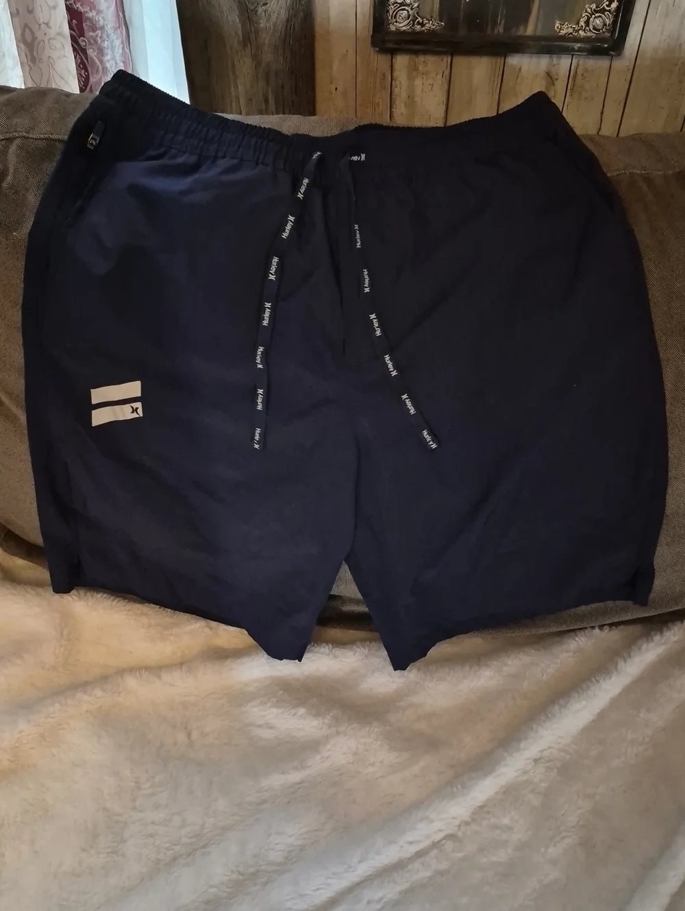 Hurley Men's Navy Blue Swim Trunks with Branded Drawstring Size Large